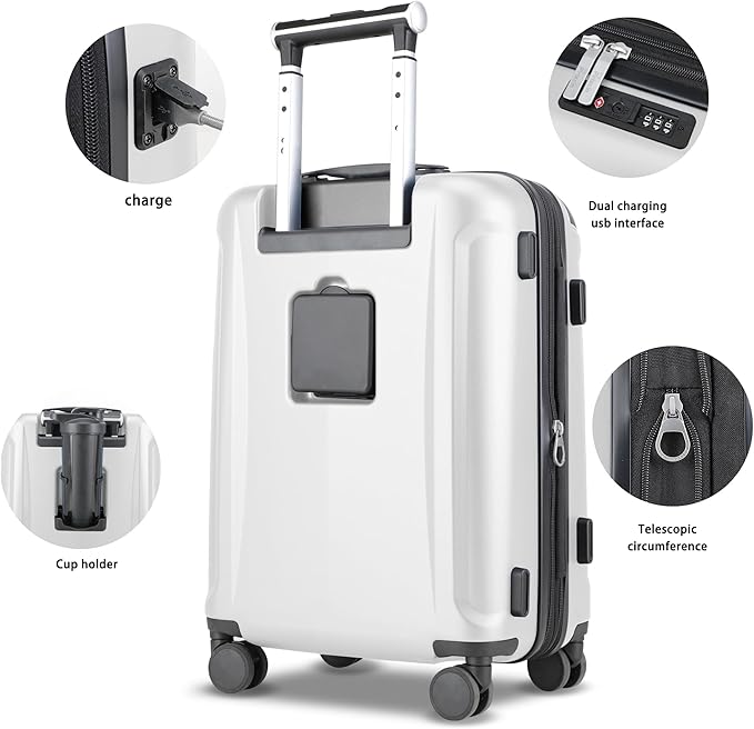 Luggage Sets 3 Piece with Cup Holder & USB Port, Expandable PC Hardside Durable Suitcases with Spinner Wheels & TSA Lock, 20/24/28 Inch, White
