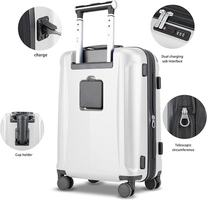 Luggage Sets 3 Piece with Cup Holder & USB Port, Expandable PC Hardside Durable Suitcases with Spinner Wheels & TSA Lock, 20/24/28 Inch, White