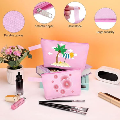 10 Pieces Cotton Canvas Makeup Bag with Bottom and Strap, Multi-Purpose Cosmetic Bag with Zipper Travel Toiletry Pouch, Blank DIY Craft Bag (Pink, L)