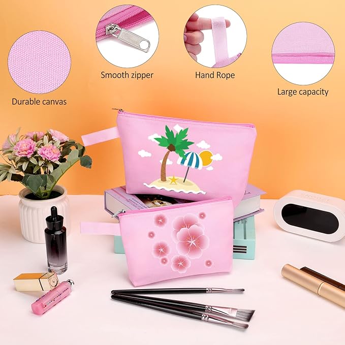 10 Pieces Cotton Canvas Makeup Bag with Bottom and Strap, Multi-Purpose Cosmetic Bag with Zipper Travel Toiletry Pouch, Blank DIY Craft Bag Pencil Bag (Pink, M) (MN-WB07)