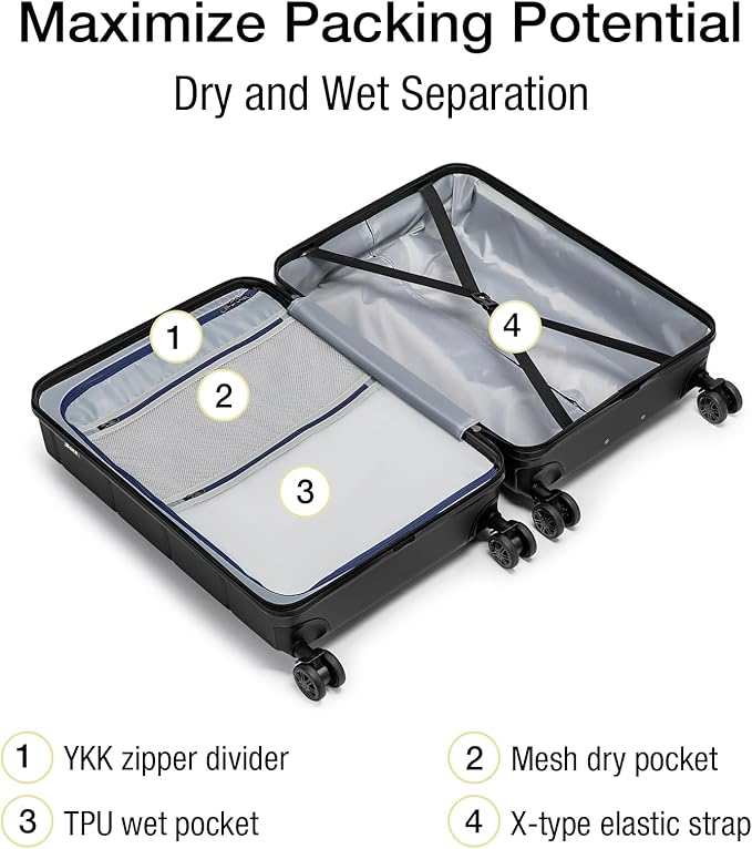 KYME Carry On Luggage 22x14x9 Airline Approved Hardshell Carry On Suitcase with TSA Lock Hardside Suitcases with Wheels Travel Rolling 22 Inch Luggage with Cup Holder for Men Women Black