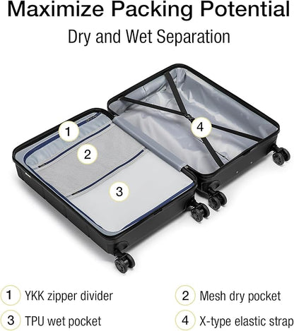 KYME Carry On Luggage 22x14x9 Airline Approved Expandable Hardshell 20 Inch Luggage with TSA Lock Carry-On Suitcase with Wheels Small Travel Rolling Luggage with Cup Holder Black