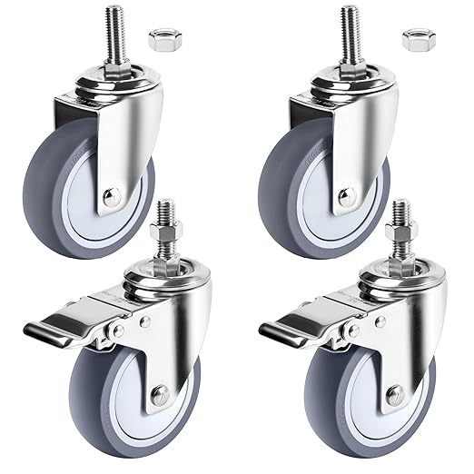 4 inch Stainless Steel Caster Wheels Heavy Duty, 1/2"-13x1-1/2 Threaded Stem Casters with Brake, Rust Resistant, Non-Marking TPR Rubber Wheels for Hospital, Lab,Furniture,Restaurant