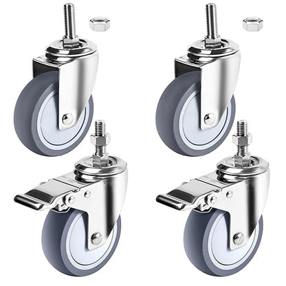 4 inch Stainless Steel Caster Wheels Heavy Duty, 1/2"-13x1-1/2 Threaded Stem Casters with Brake, Rust Resistant, Non-Marking TPR Rubber Wheels for Hospital, Lab,Furniture,Restaurant
