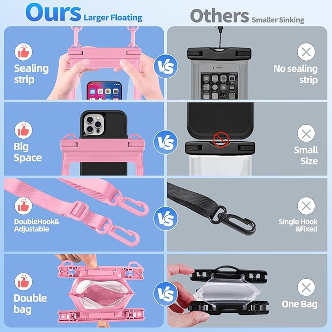 Large Waterproof Phone Pouch Floating, Waterproof Phone Case for iPhone 15 14 Pro Max 13 12 Plus 11 XS XR X Samsung up to 8.5'', IPX8 Water Proof Cell Phone Dry Bag for Beach Swimming Kayaking, Pink