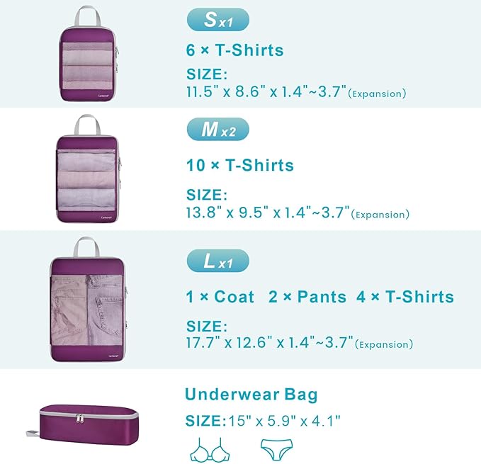 Cambond See Through Mesh Compression Packing Cubes for Suitcases - Packing Cubes for Travel Expandable Travel Essentials Compression Cubes for Carry on Suitcases with Underwear Bag 5 Set, Purple