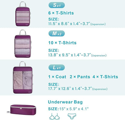 Cambond See Through Mesh Compression Packing Cubes for Suitcases - Packing Cubes for Travel Expandable Travel Essentials Compression Cubes for Carry on Suitcases with Underwear Bag 5 Set, Purple