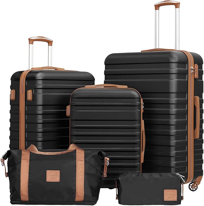 Coolife Suitcase Set 3 Piece Luggage Set Carry On Hardside Luggage with TSA Lock Spinner Wheels (Black, 5 piece set)
