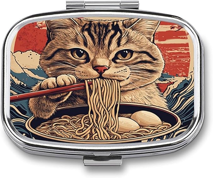 Metal 2 Compartment Pill Organizer Travel Friendly Portable Compact Pill Box Cute Pill Case,for Pocket Wallets Daily Portable Medicine Vitamin Tablet Storage (A cat Eating Noodles)