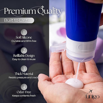 unigo Travel Bottles For Toiletries, 4-pack TSA Approved Containers, Travel Size Toiletries, Shampoo and Conditioner Bottles, Leak Proof and Refillable Bottles, BPA Free, Extra Bottle Covers (Purple)