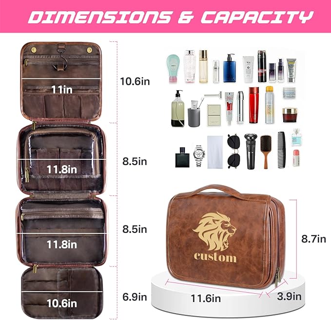 ORYG Customizable 3-in-1 Hanging Toiletry Bag - PU Leather Initial Engraving Storage Pouch - Ideal Gift for Dad, Husband, or Boyfriend (Dark Brown)