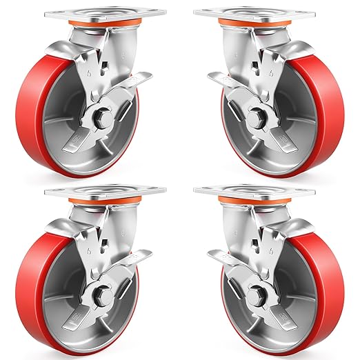 6 Inch Heavy Duty Caster Wheels Set of 4 Industrial Casters with Side Brake,Load 5000Lbs,Polyurethane Silent Steel Wheels,for Heavy Duty Die,Industrial Equipment Movement,U-Boat Cart(4 SideBrake)
