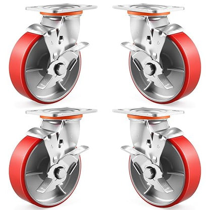 6 Inch Heavy Duty Caster Wheels Set of 4 Industrial Casters with Side Brake,Load 5000Lbs,Polyurethane Silent Steel Wheels,for Heavy Duty Die,Industrial Equipment Movement,U-Boat Cart(4 SideBrake)