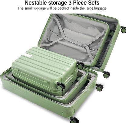 Hanke Expandable Hardshell Luggage Sets 3 Piece Extra Large Suitcases with Lock,28 Inch Luggage with Spinner Wheels, PC Travel Suitcase for Women Men 20 24 29Inch,Bamboo Green