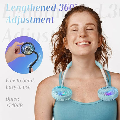 VAGAU Portable Cooling Neck Fan, Rechargeable USB Personal Neck Fan with Colorful LED lights, 360° Rotation for Office Travel Sport, 3 Adjustable Speeds（Blue）