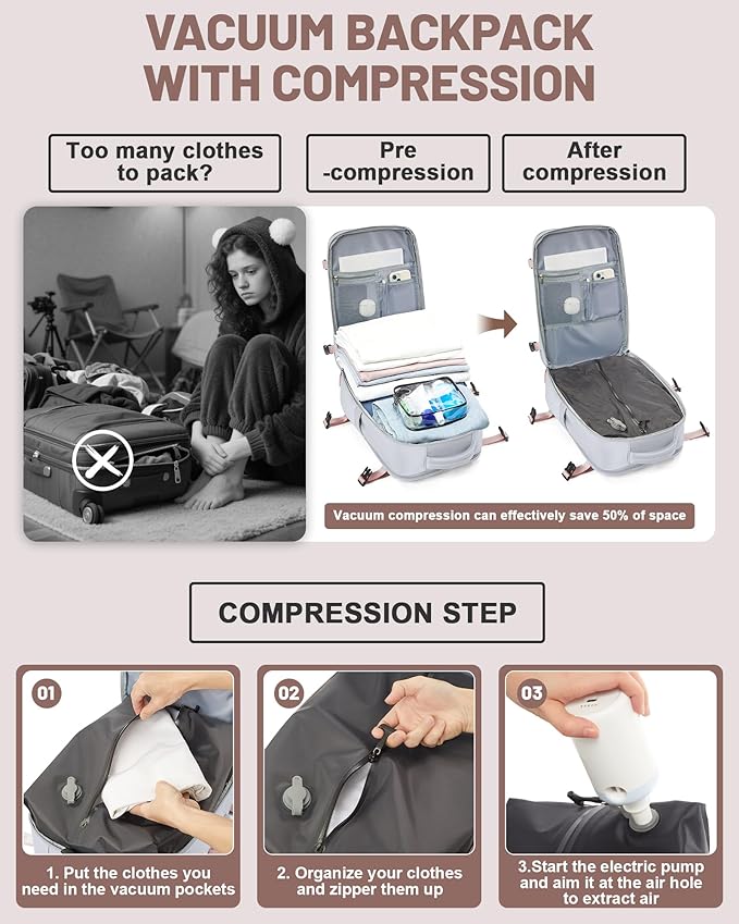 Vacuum Backpack With Pump Large Travel Laptop Backpacks For Women Men Carry On Backpack Vacpack Backpacks With Vacuum Compression Grey
