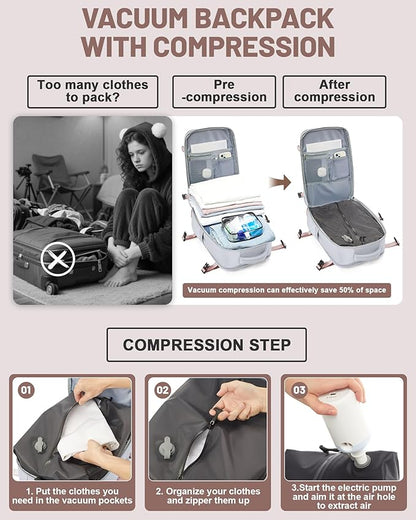 Vacuum Backpack With Pump Large Travel Laptop Backpacks For Women Men Carry On Backpack Vacpack Backpacks With Vacuum Compression Grey