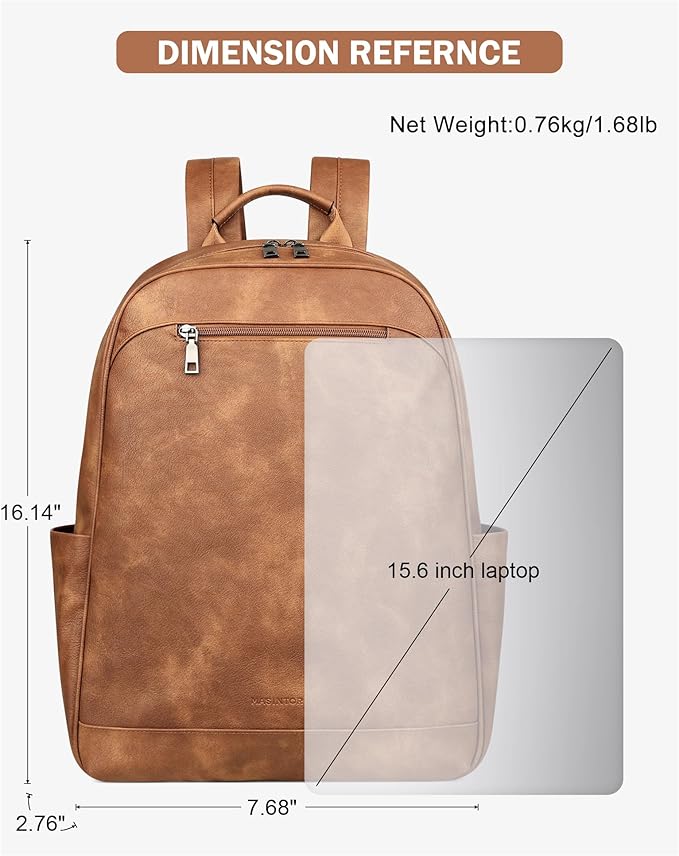 MASINTOR 15.6 inch Leather Laptop Backpack Purse for Women, Designer Travel and Work Bag with Laptop Compartment Mocha Brown