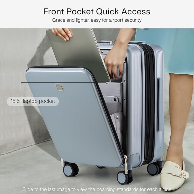 Hanke Grace Expandable Carry On Luggage with Wheels Airline Approved Hard Shell Suitcases with Front Pocket，Top Opening Luggage with TSA Lock for Short Business Travel, Grey.