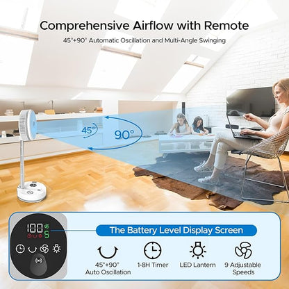 Creiv Pedestal Standing Fan, Rechargeable Oscillating with Remote/Timer, Portable RGB Lighting Fan, Floor Fan for Bedroom Party Camping (40000mAh)
