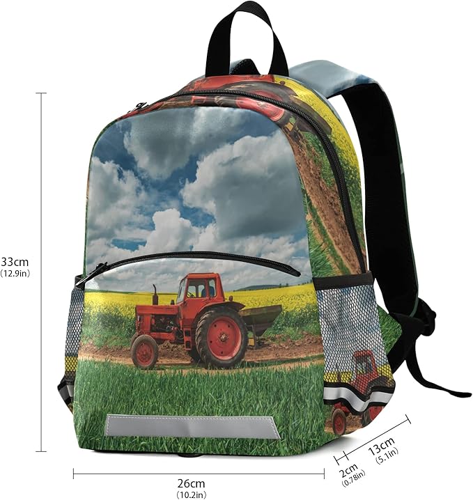 Red Tractor in Field Kid's Toddler Backpack for Boys Girls Preschool Nursery with Safety Leash (012214)