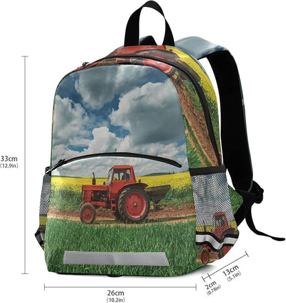 Red Tractor in Field Kid's Toddler Backpack for Boys Girls Preschool Nursery with Safety Leash (012214)