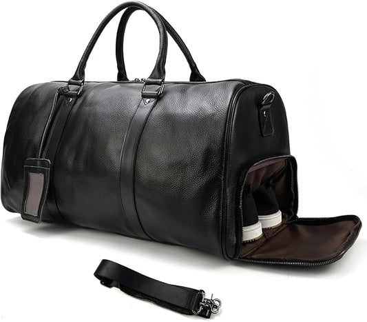 Leather Travel Bag Large Capacity Luggage Duffel Bag with Shoe Compartment, Men Women Weekend Shoulder Handbag for Holiday Business Trip (55cm-Black)
