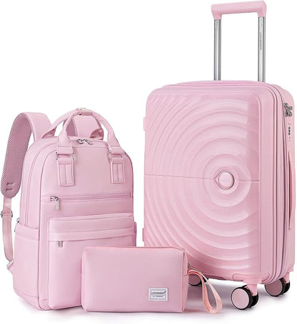 LARVENDER Carry On Luggage Set 22x14x9 Airline Approved, Expandable 20 Inch Carry-On Suitcases With Wheels, Lightweight Luggage Sets 3 Pieces With Backpack, Light Pink