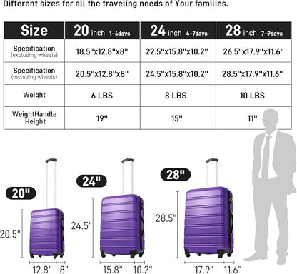 Merax Luggage Sets 3 Piece Hardside Expandable Suitcase with Spinner Wheels,Durable Lightweight Luggage with TSA Lock, Large Travel Luggage Set(Purple-1,20+24+28 inches)