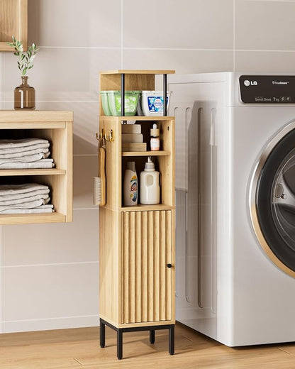 Bathroom Storage Cabinet,Small Corner Floor Cabinet with 2 Hook,Narrow Tall Toilet Paper Cabinet with Adjustable Shelves,Bathroom Organizer for Living Room,Small Spaces (Wave, Oak-37''H)