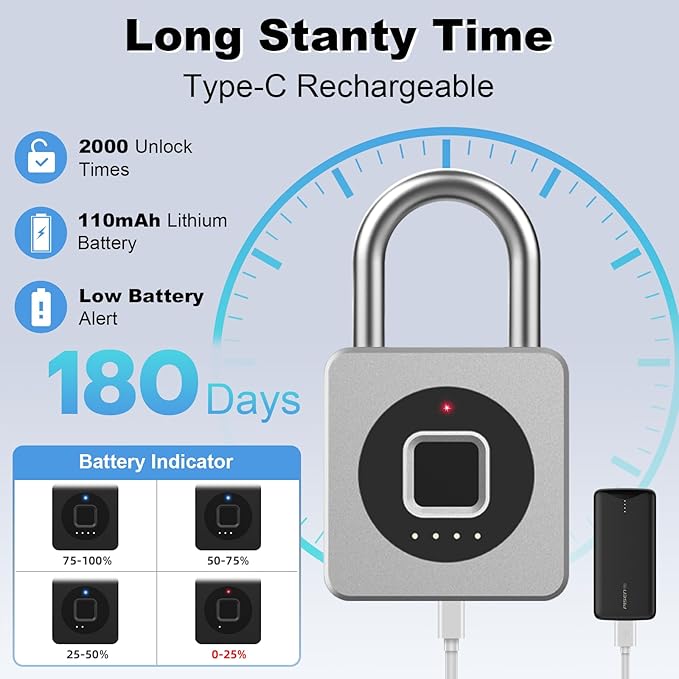 eLinkSmart Gym Locker Padlock - Fingerprint Mobile APP Unlock Remote Unlock: Waterproof Keyless Biometric Padlock for Gym Locker Field Box Footlocker Tool Box Gun Case Type-C Silver