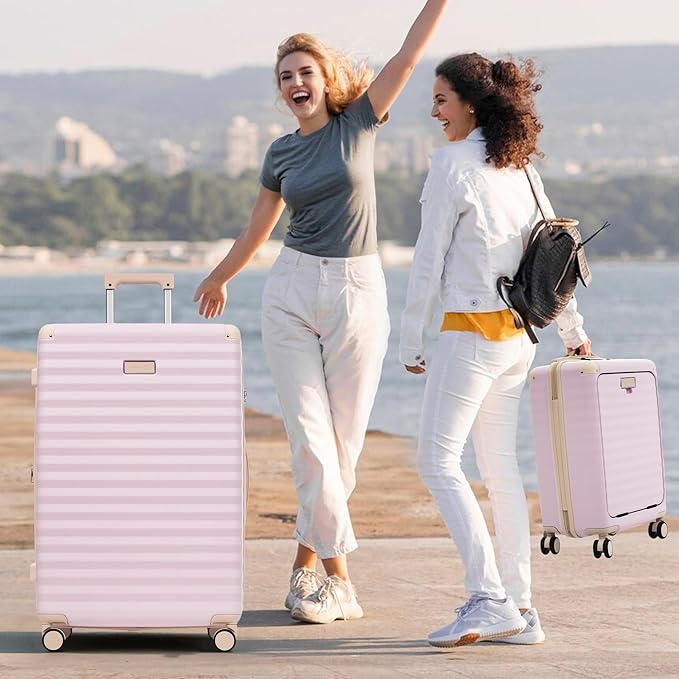Merax Luggage Sets 5 Piece,Front Open Hardshell Expandable Suitcase with Spinner Wheels and Duffel Bags,Lightweight Carry on Luggage with USB Port and Cup Holder,20/24/28IN,Pink