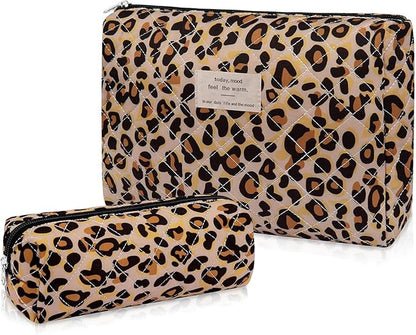 2PC Makeup Bag Set, Cute Cosmetic Bag for Women Girls, Floral Coquette Aesthetic Toiletry Bag, Travel Make Up Organizer Bag (Leopard Print)