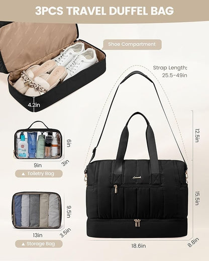 LOVEVOOK Travel Duffle Bag,Puffer Weekender Bags For Women with Shoe Compartment,42L Carry On Duffel Overnight Bags For Airplanes,Hospital Bag for Labor and Delivery,3Pcs Set