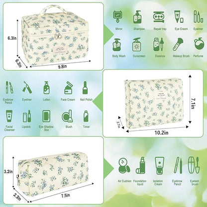 3Pcs Makeup Bag Quilted Cotton Cosmetic Bags for Women Large Small Blue Makeup Pouch Set Cute Coquette Floral Travel Bags Portable Skincare Toiletry Bag Vintage Puffy Essential Organizer