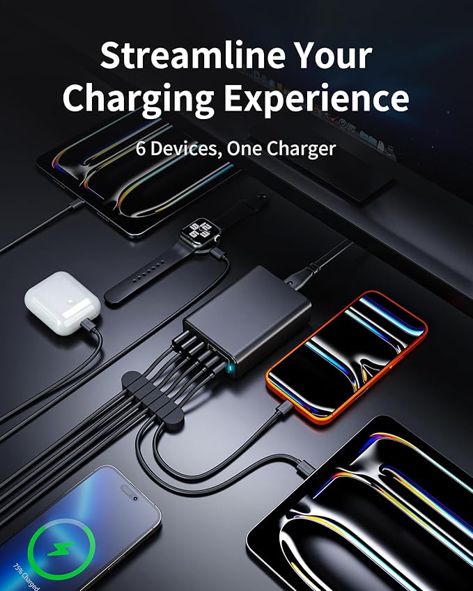 USB C Charger Block, 105W Max GaN 6-Port Fast Desktop Charging Station, Wall Charger Power Strip Adapter Plug for iPhone 17/16/15, iPad, Samsung and More (Cable Organizer Included)
