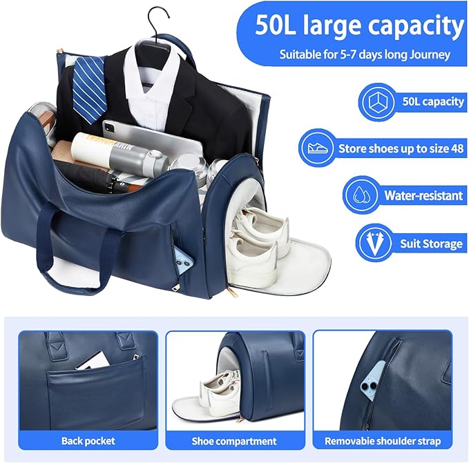 Leather Garment Bag，Convertible Garment Duffel Bag for Travel Mens Suit Bag 2 in 1 Waterproof Foldable Carry on Garment bag with Shoulder Strap Weekender Bag with Shoe Pouch
