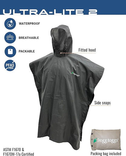 FROGG TOGGS Ultra-lite2 Waterproof, Breathable Rain Poncho, Adult and Youth Sizes