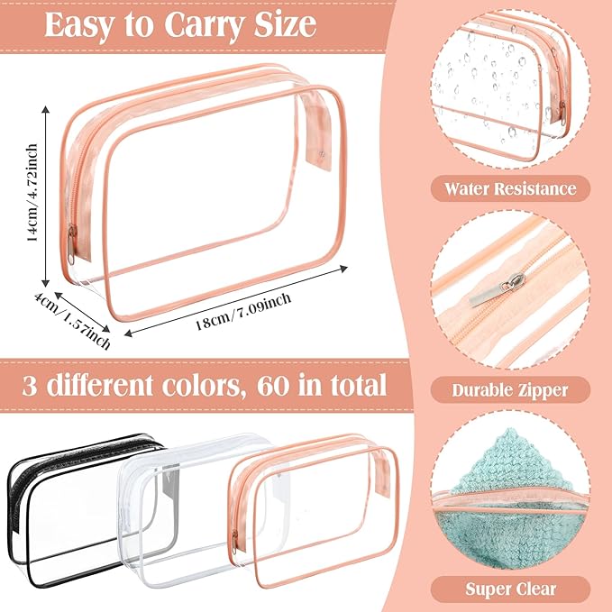 Cunno 60 Pcs Clear Toiletry Bag TSA Approved Cosmetic Bag Bulk Makeup Bag Travel Carry Airport Airline Compliant Bag for Women Men Summer Vacation Salon Mother Gift(Classic Color)