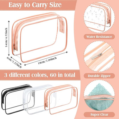 Cunno 60 Pcs Clear Toiletry Bag TSA Approved Cosmetic Bag Bulk Makeup Bag Travel Carry Airport Airline Compliant Bag for Women Men Summer Vacation Salon Mother Gift(Classic Color)