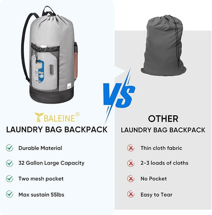 BALEINE 120L Laundry Bag Backpack, 900D Oxford Fabric Large Travel Laundry Bags with Shoulder Straps and 2 Mesh Pockets for College Dorm, Apartment, Laundromat (Gray, 120L)
