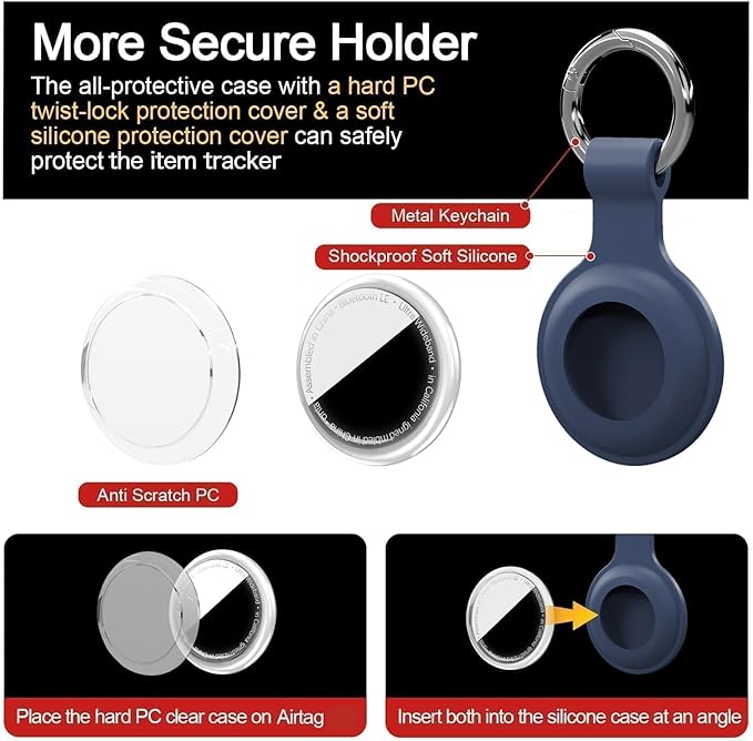 Upgraded for AirTag Holder with Clear Cover Full Coverage Case Keychain for Air Tag, Silicone for AirTags 4 Pack for Apple Holder GPS Tracker Item Tag Finders, Black/Blue/Pink/White