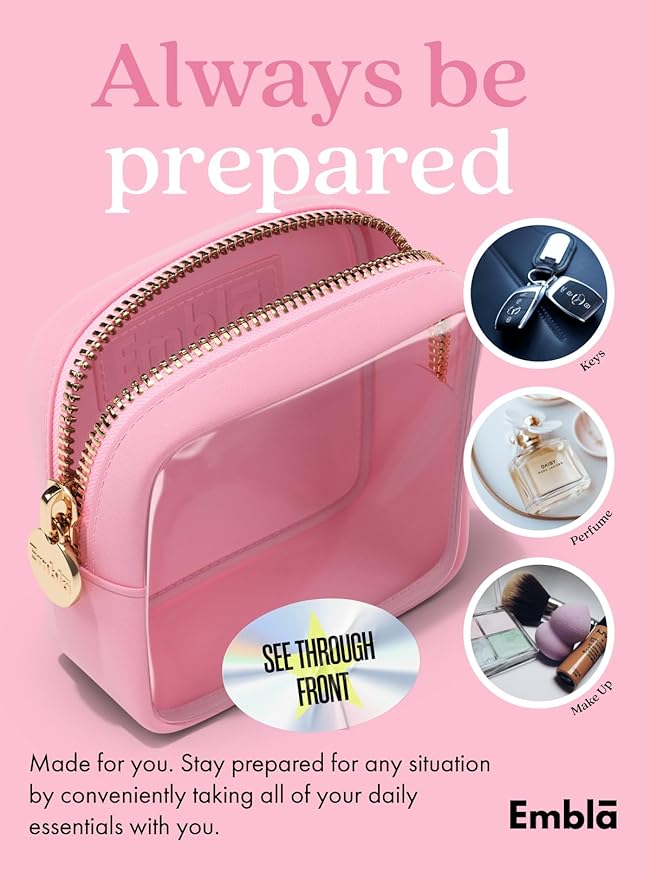Embla London Makeup Bag Cosmetic Case, Clear Zipper Make Up Pouch and Toiletry Travel Tote, Cute Skincare Pouches for Women Girls, Preppy Purse Cosmetic Organizer, Mini Makeup Bags, Flamingo Pink