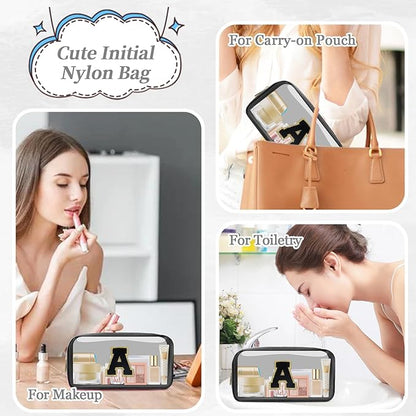 Small Clear Personalized Initial Makeup Bag,Nylon Preppy A-Z Chenille Letter Patch Cosmetic Pouch Beach Toiletry Bag,Waterproof Zipper Travel Purse Storage Bag Organizer for Women Girls(Black-Black A)