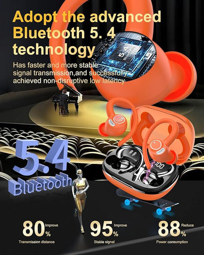 Wireless Earbuds, Bluetooth 5.4 Headphones Sport, Over Ear Buds With ENC Noise Cancelling Mic, 48H, Wireless Earphone With Earhooks, Stereo Deep Bass, IP7 Waterproof ear bud for Workout Running,Orange