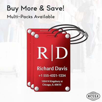 Personalized Luggage Tags for Suitcases - Monogram Style Aluminum Custom Luggage Tags for Backpacks & Bags, Sturdy, Waterproof & Heavy Duty (Red/Card-Sized)