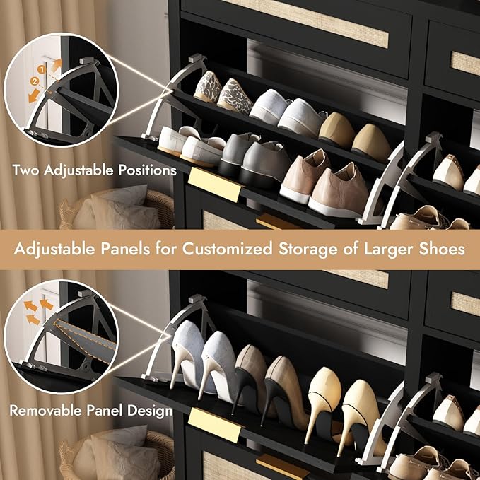 Large Rattan Shoe Storage Cabinet with 4 Flip Drawers & 2 Storage Drawers – Hidden Slim Shoe Organizer for Entryway, Large Tabletop Space, Farmhouse Boho Narrow Shoe Rack, Rustic Black