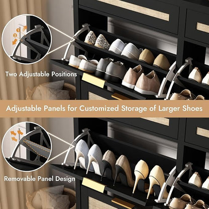 Large Rattan Shoe Storage Cabinet with 4 Flip Drawers & 2 Storage Drawers – Hidden Slim Shoe Organizer for Entryway, Large Tabletop Space, Farmhouse Boho Narrow Shoe Rack, Rustic Black