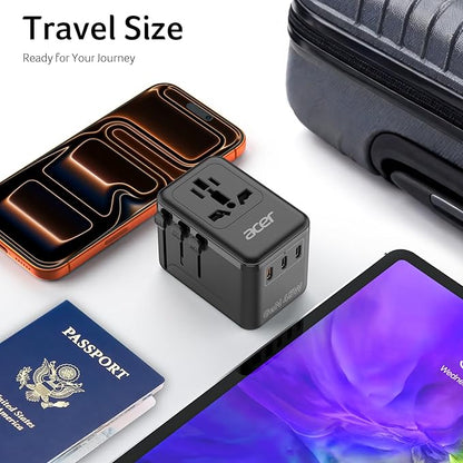 Acer 45W GaN Universal Travel Plug Adapter - International Power Adapter with 3 USB C & 1 USB A, Worldwide Power Outlet Travel Essentials for USA to European UK AUS Ireland, Type C/G/I/A, Black