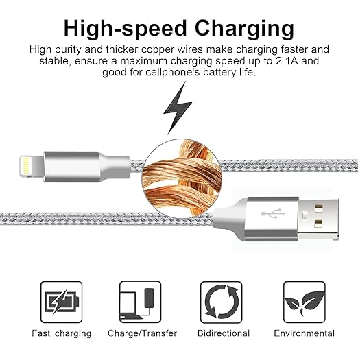 cugunu iPhone Charger, 5 Pack 3/3/6/6/10FT Apple MFi Certified USB Lightning Cable Nylon Braided Fast Charging Cord Compatible for iPhone 14/13/12/11/X/Max/8/7/6/5/SE/Plus/iPad - Silver
